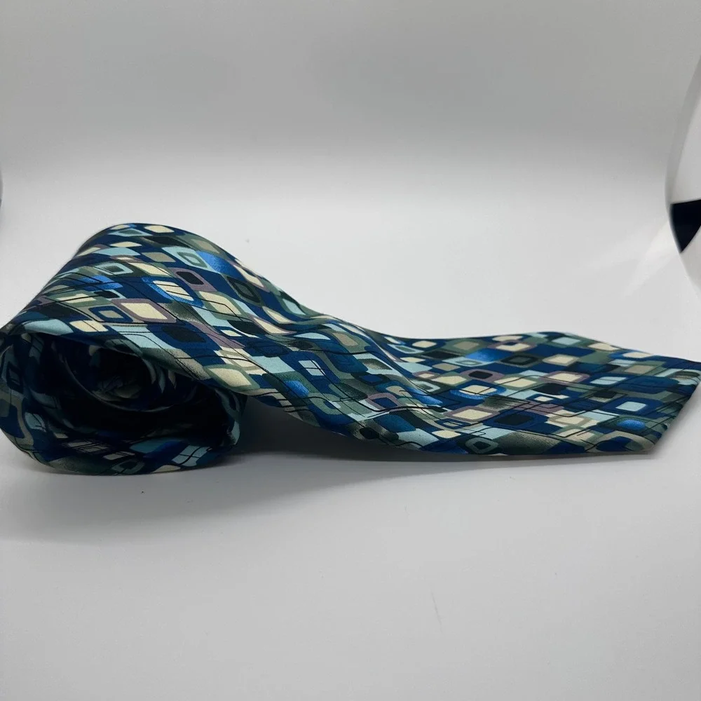 J. Garcia Necktie Geometric Diamond Pattern Blue Green Silk‎ Blend